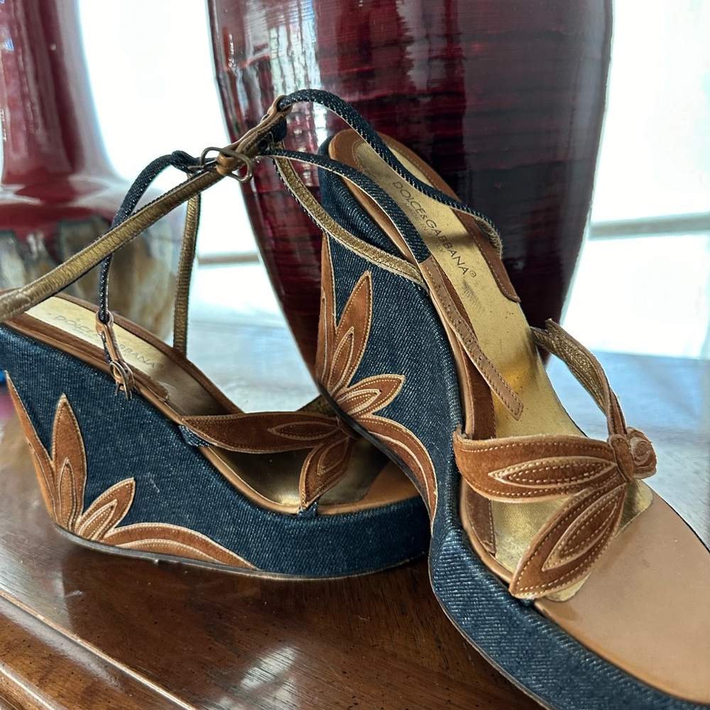 Dolce Gabbana Womens Y2K Denim Brown Floral Leather Strappy Wedge Sandals EU 38